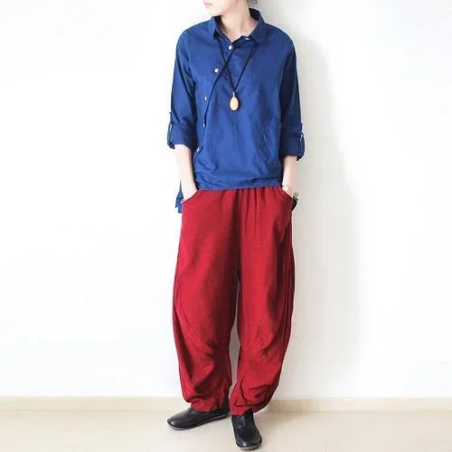 Red loose wide leg linen pants trousers r825