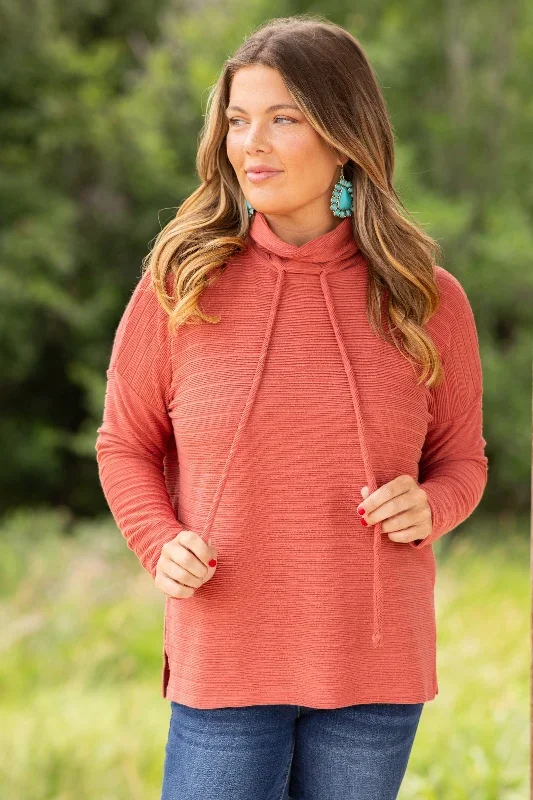 Rust Textured Cowl Neck Top With Side Slit