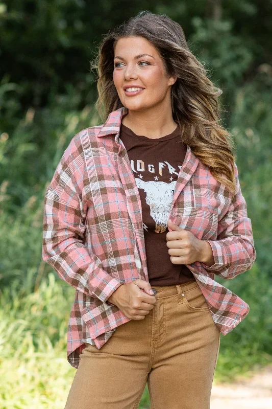 salmon-and-brown-plaid-button-up-top