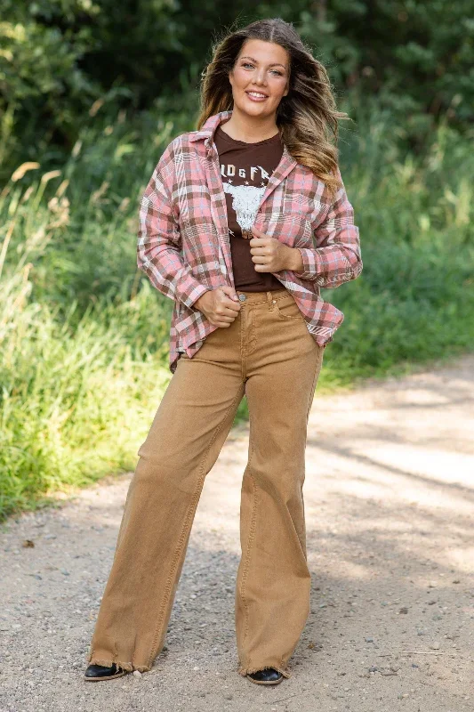 salmon-and-brown-plaid-button-up-top