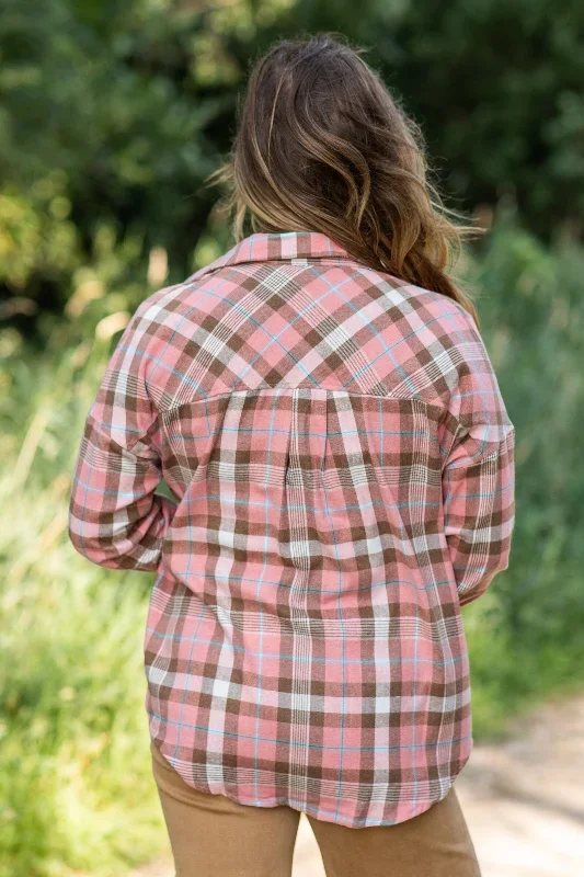 salmon-and-brown-plaid-button-up-top