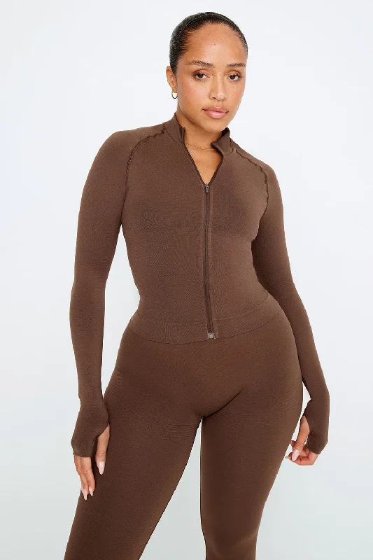 SCULPT SEAMLESS MOCK NECK ZIP THROUGH JACKET-  COFFEE MARL