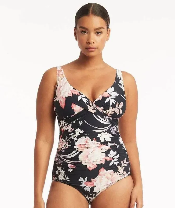 Sea Level Martini Cross Front A-DD Cup One Piece Swimsuit - Black Floral