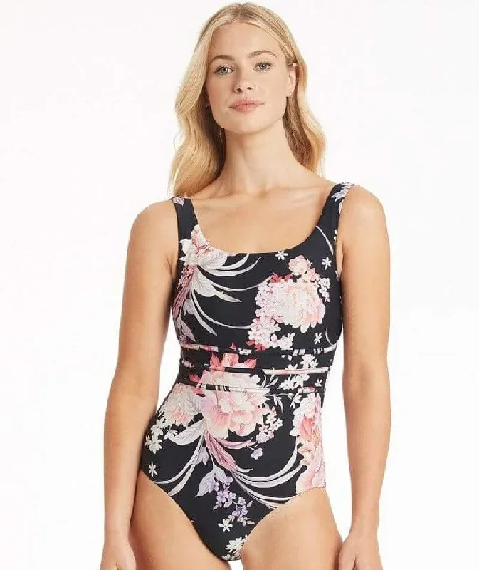 Sea Level Martini Square Neck Scoop Back One Piece Swimsuit - Black Floral