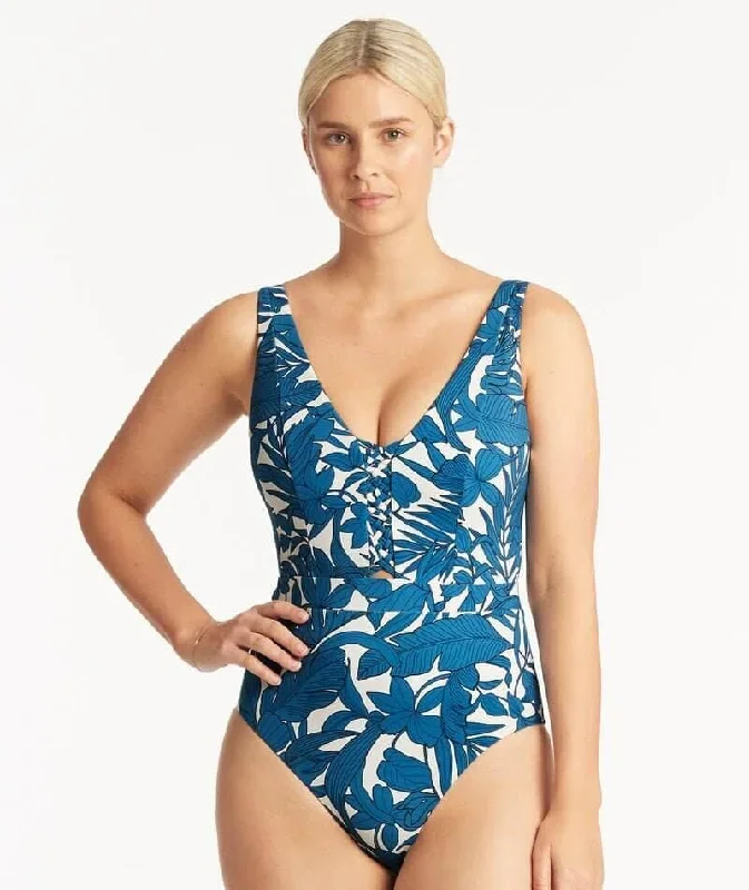 Sea Level Retreat Plunge with Macrame Detail One Piece Swimsuit - Lagoon