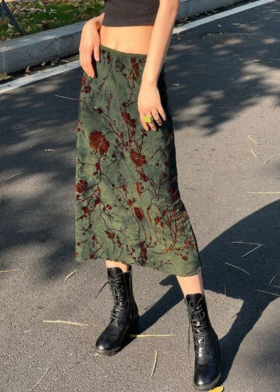 slim-fit-green-print-patchwork-cotton-straight-skirts-fall