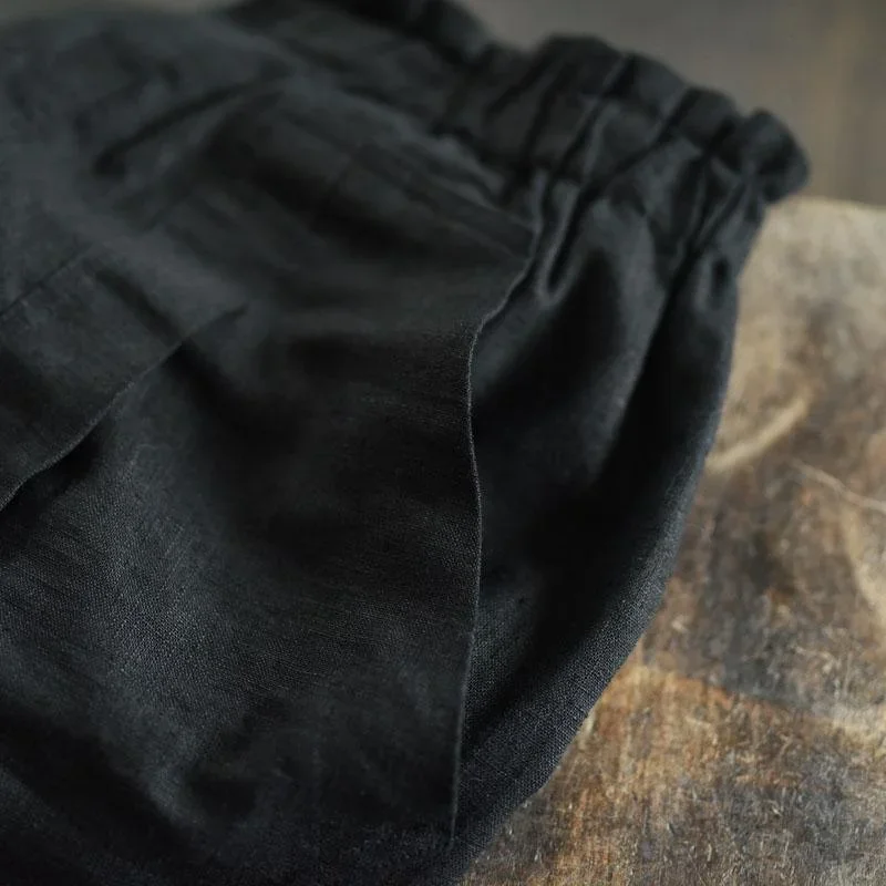 solid-black-retro-linen-short-skirts-summer-cotton-skirts-one-step-pencil