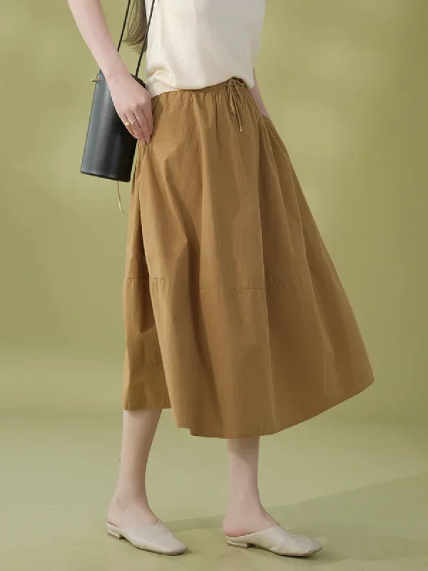 solid-color-loose-pocket-drawstring-cotton-skirt