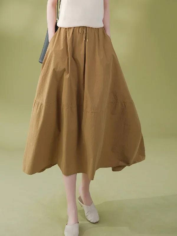 solid-color-loose-pocket-drawstring-cotton-skirt