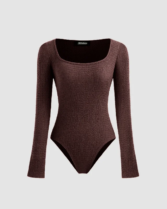 Square Neck Long Sleeve Bodysuit In Chocolate Brown