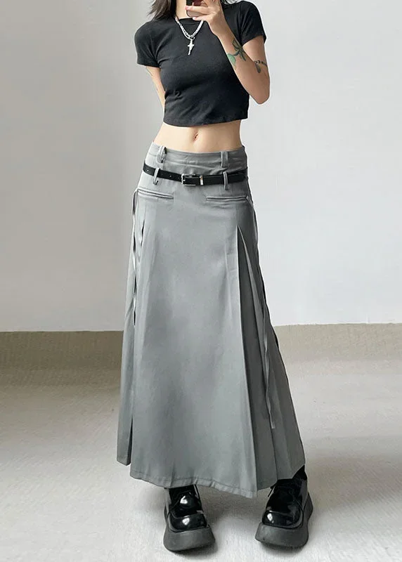 Streetwear Grey Wrinkled Tie Waist Patchwork Cotton Long Skirts Fall