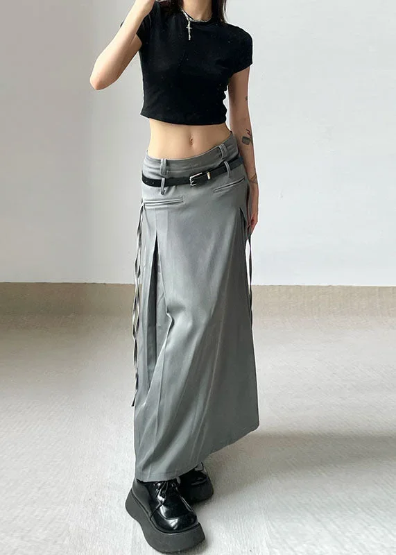 streetwear-grey-wrinkled-tie-waist-patchwork-cotton-long-skirts-fall