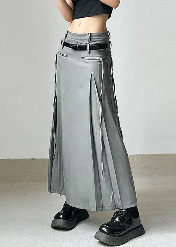 streetwear-grey-wrinkled-tie-waist-patchwork-cotton-long-skirts-fall