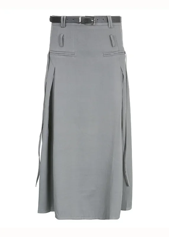 streetwear-grey-wrinkled-tie-waist-patchwork-cotton-long-skirts-fall