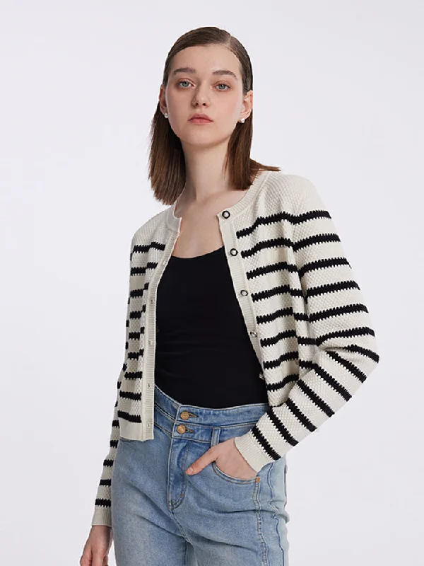 Striped Pearl Button Knitted Women Cardigan