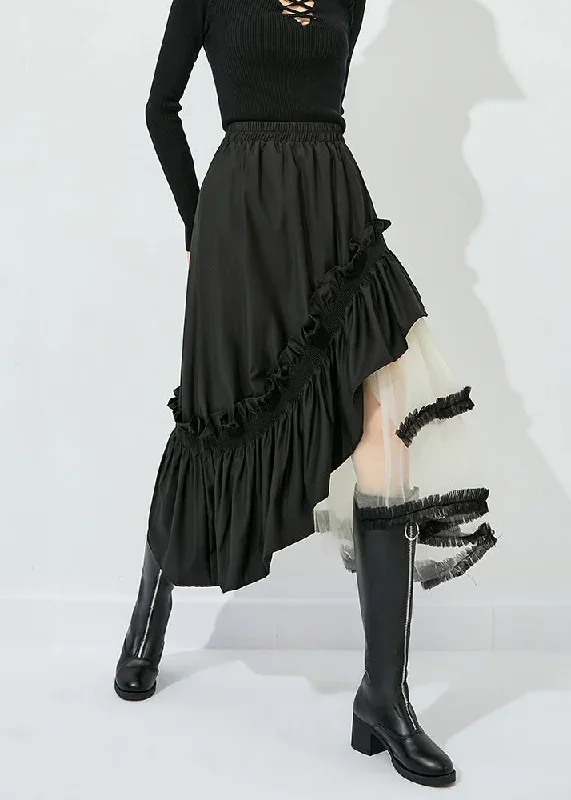 Style Black Asymmetrical Design Tulle Patchwork Ruffled Cotton Skirts Summer