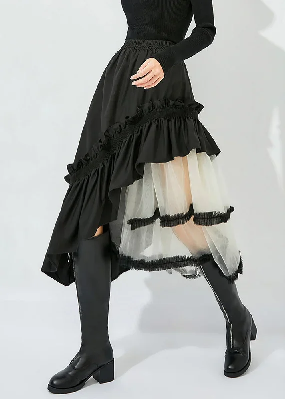 style-black-asymmetrical-design-tulle-patchwork-ruffled-cotton-skirts-summer