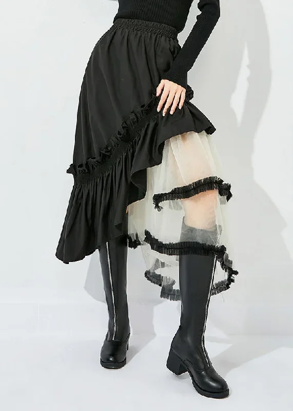 style-black-asymmetrical-design-tulle-patchwork-ruffled-cotton-skirts-summer