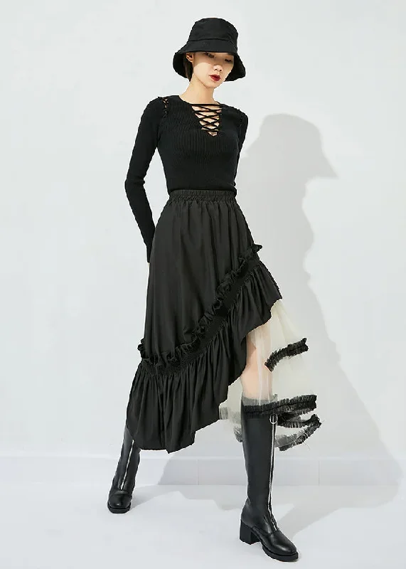 style-black-asymmetrical-design-tulle-patchwork-ruffled-cotton-skirts-summer