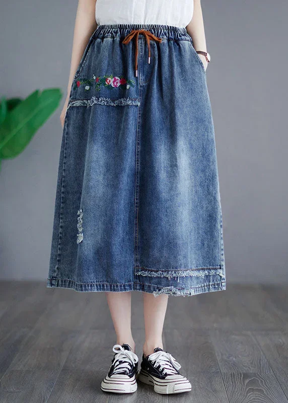 style-blue-embroideried-pockets-elastic-waist-patchwork-cotton-skirt-summer