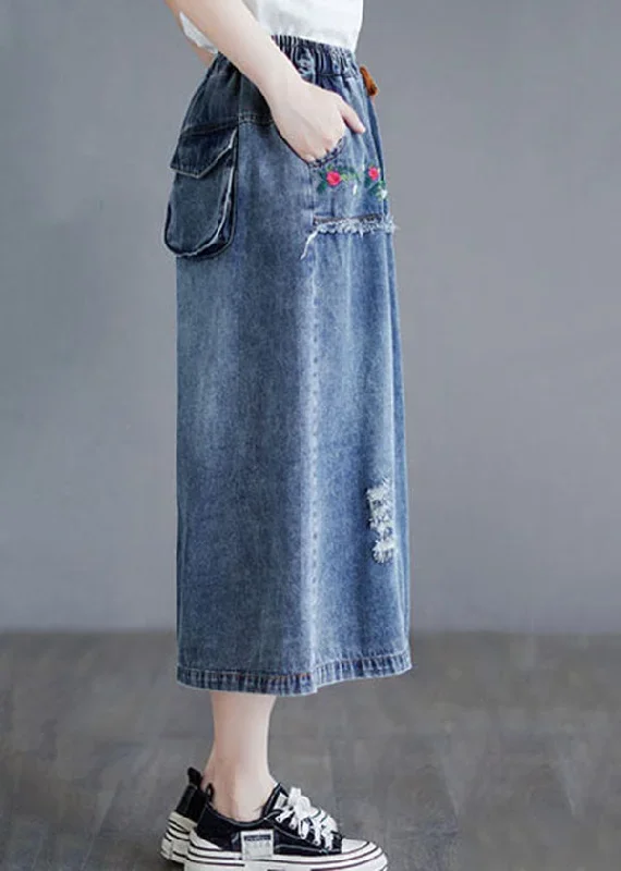 style-blue-embroideried-pockets-elastic-waist-patchwork-cotton-skirt-summer