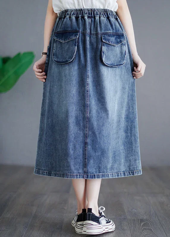 style-blue-embroideried-pockets-elastic-waist-patchwork-cotton-skirt-summer