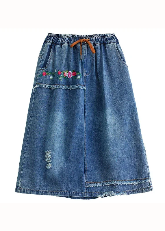 style-blue-embroideried-pockets-elastic-waist-patchwork-cotton-skirt-summer