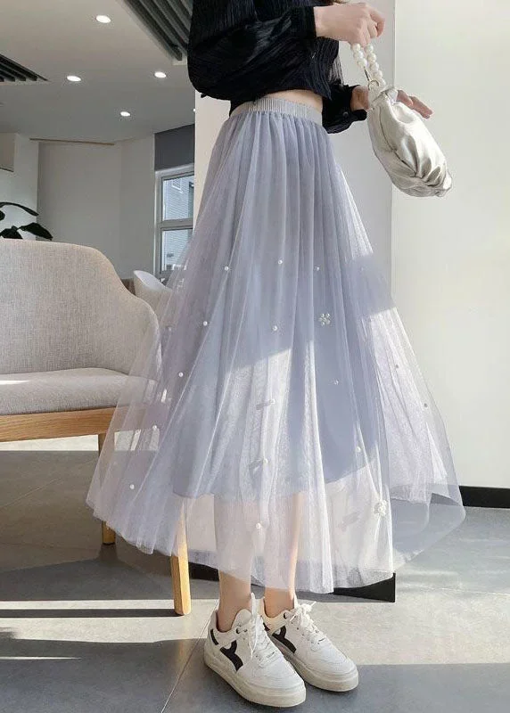 Style Grey Wrinkled Nail bead Patchwork Tulle Skirts Summer