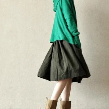 tea-green-cotton-pleated-skirts-summer-a-line-skirts-elastic-waist