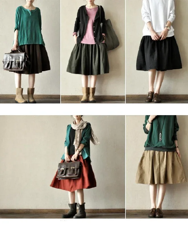 tea-green-cotton-pleated-skirts-summer-a-line-skirts-elastic-waist