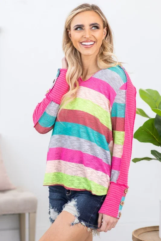 Turquoise Multicolor Stripe Hooded Top