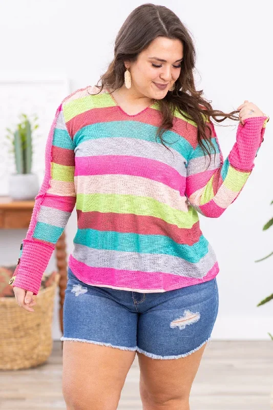 turquoise-multicolor-stripe-hooded-top