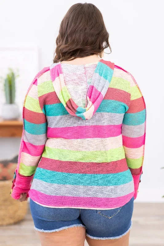 turquoise-multicolor-stripe-hooded-top