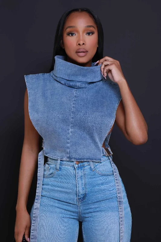 Two Sides Turtleneck Crop Top - Blue Denim