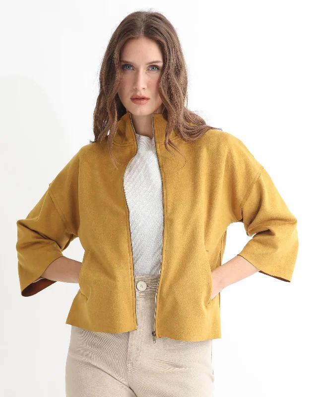 Rareism Women'S Vasu 1 Mustard Polyester Fabric 3/4Th Sleeves Solid Mandarin Collar Jacket