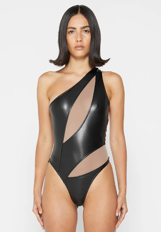 Vegan Leather Mesh Contour Bodysuit - Black