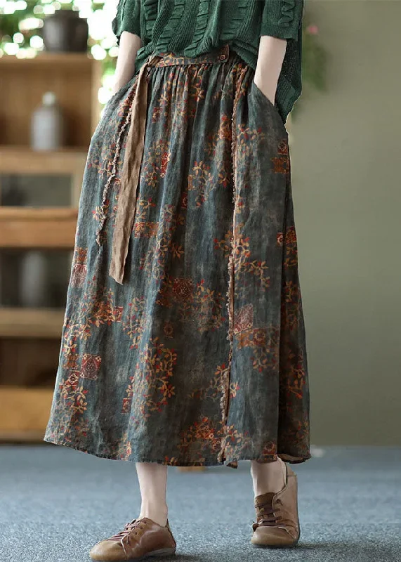 women-blackish-green-wrinkled-pockets-patchwork-linen-skirts-summer