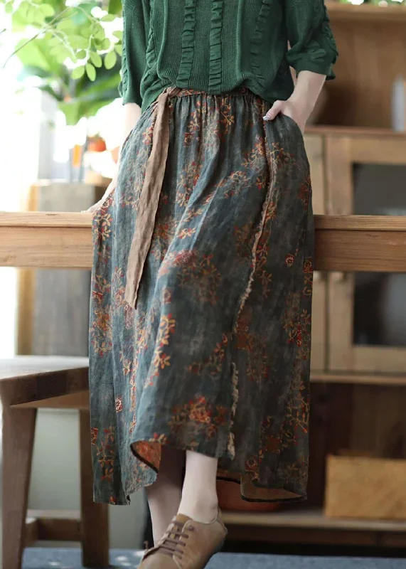 women-blackish-green-wrinkled-pockets-patchwork-linen-skirts-summer