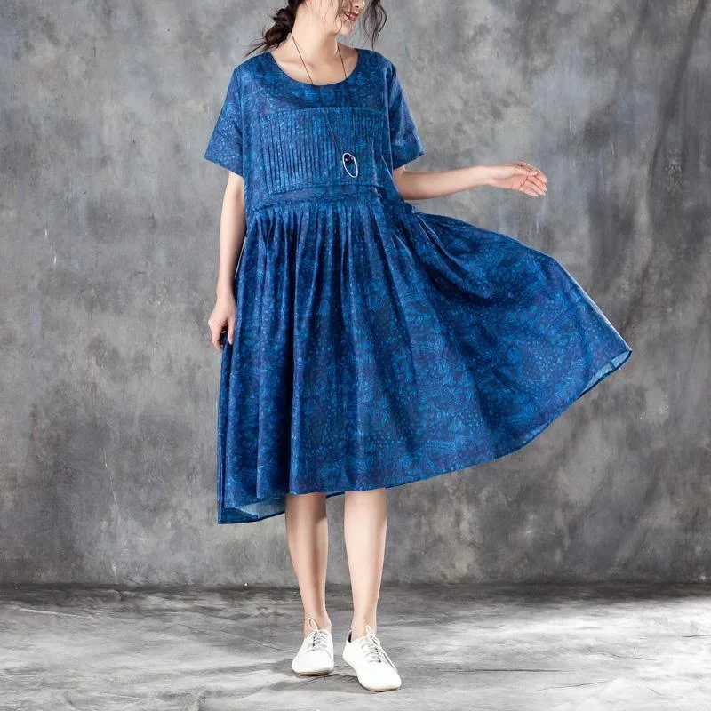 Women Pleated Short Sleeves Dress Blue Summer Skirt