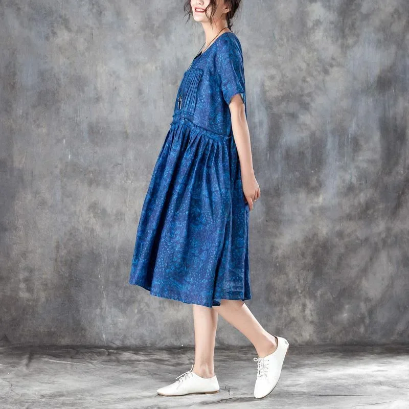 women-pleated-short-sleeves-dress-blue-summer-skirt