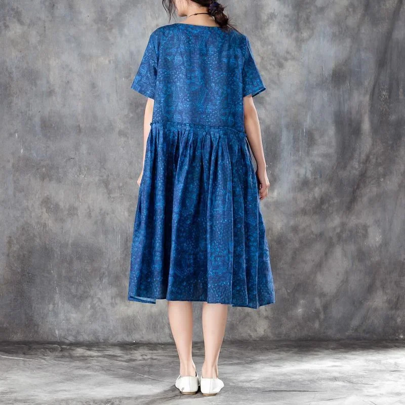 women-pleated-short-sleeves-dress-blue-summer-skirt