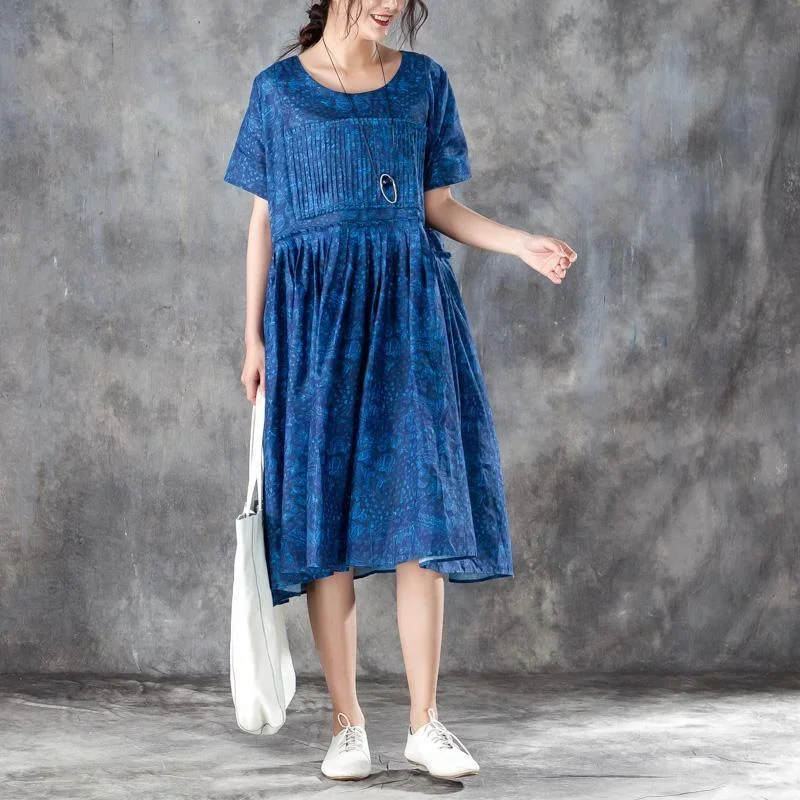 women-pleated-short-sleeves-dress-blue-summer-skirt