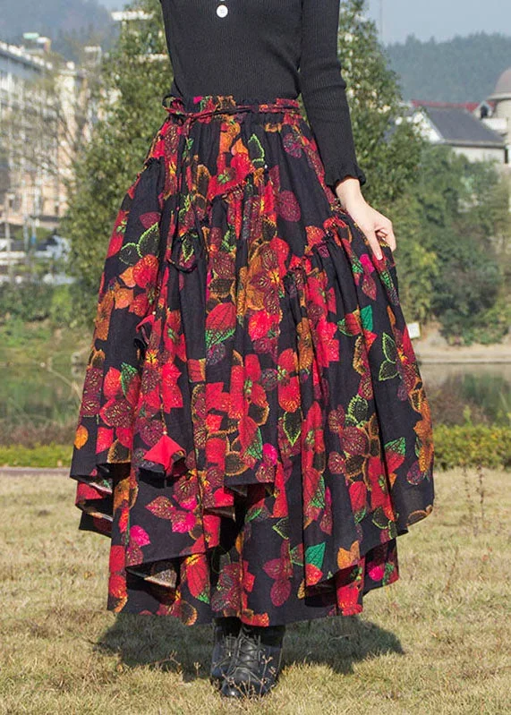 women-red-asymmetrical-print-tie-waist-pleated-skirts