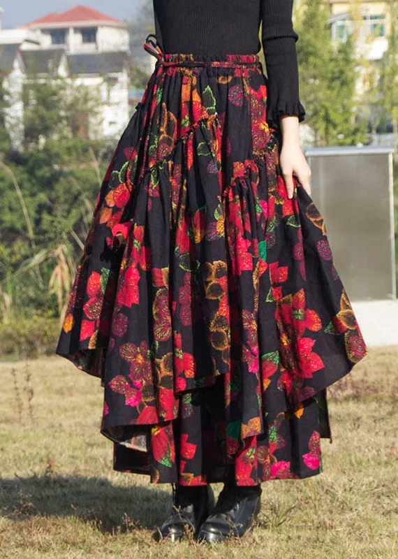 women-red-asymmetrical-print-tie-waist-pleated-skirts