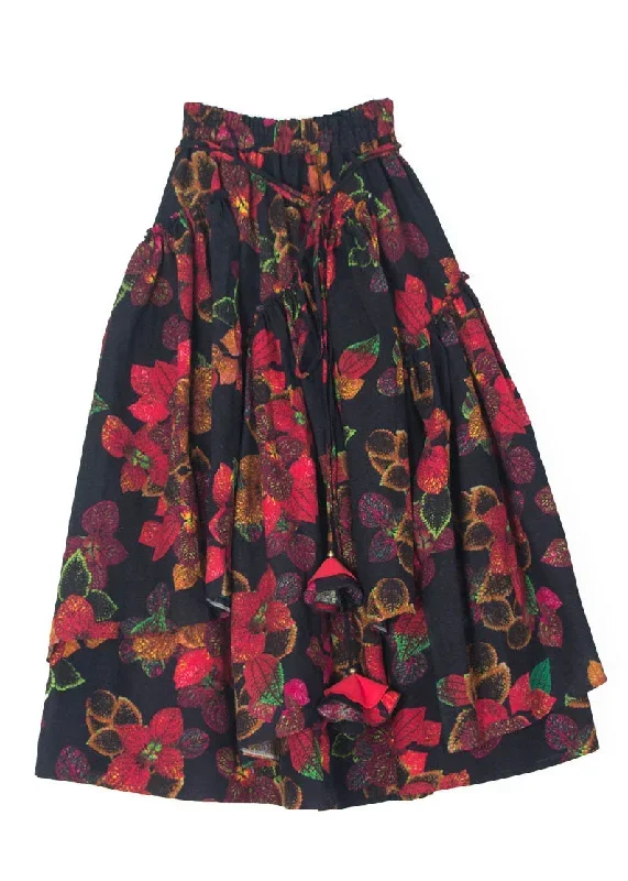 women-red-asymmetrical-print-tie-waist-pleated-skirts