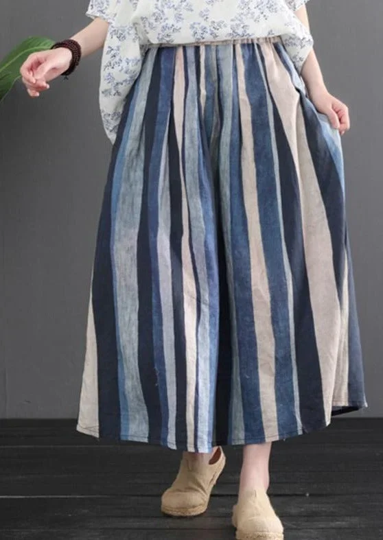 Women Retro Linen Color Matching Stripes Skirt