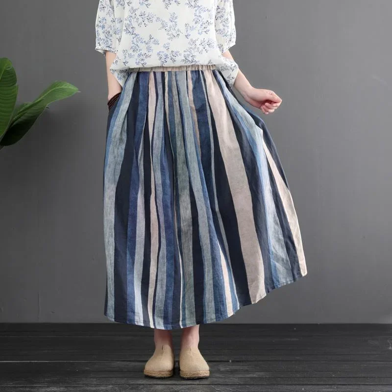 women-retro-linen-color-matching-stripes-skirt