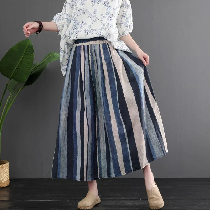 women-retro-linen-color-matching-stripes-skirt