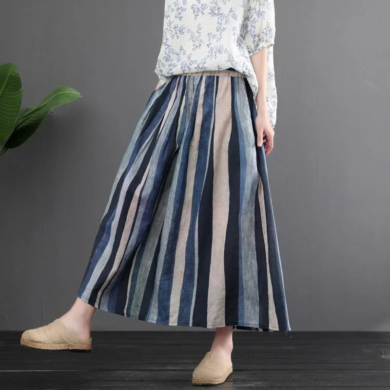 women-retro-linen-color-matching-stripes-skirt