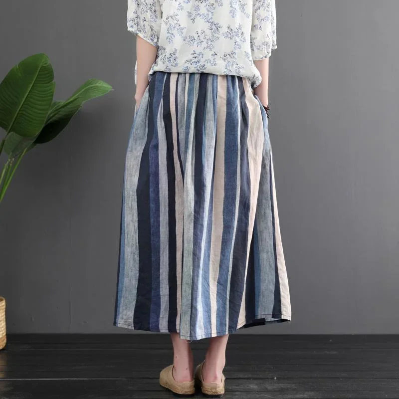 women-retro-linen-color-matching-stripes-skirt